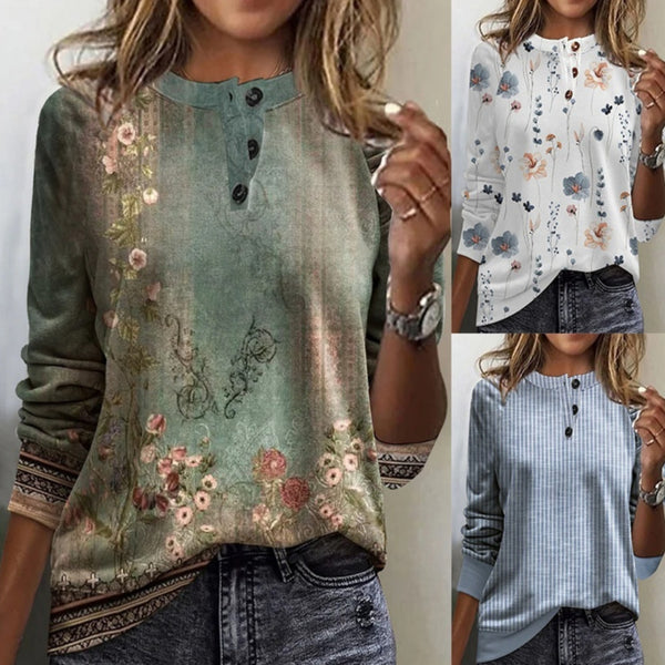 Loose Long Sleeve Floral Striped Round Neck Button T-shirt