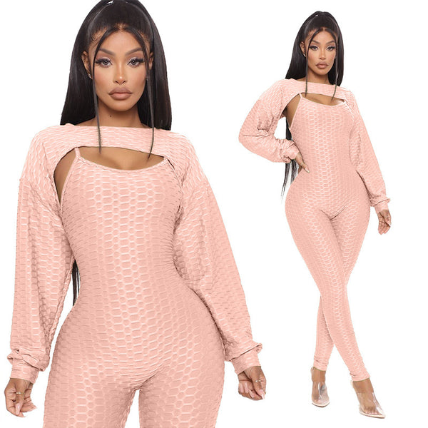 Jacquard Short Lantern Sleeve Top And Bottoming Suspenders Sports Suit