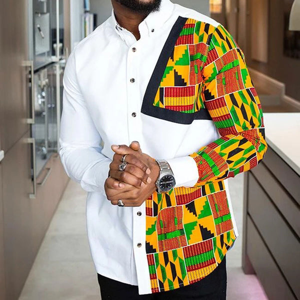 Wish Aliexpress Men's African Style Ethnic Printing Long-Sleeved Lapel Shirt