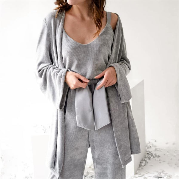 Pit Corduroy Camisole Nightgown Trousers Three-piece Knitted Autumn And Winter Pajamas Women's Warm Loungewear