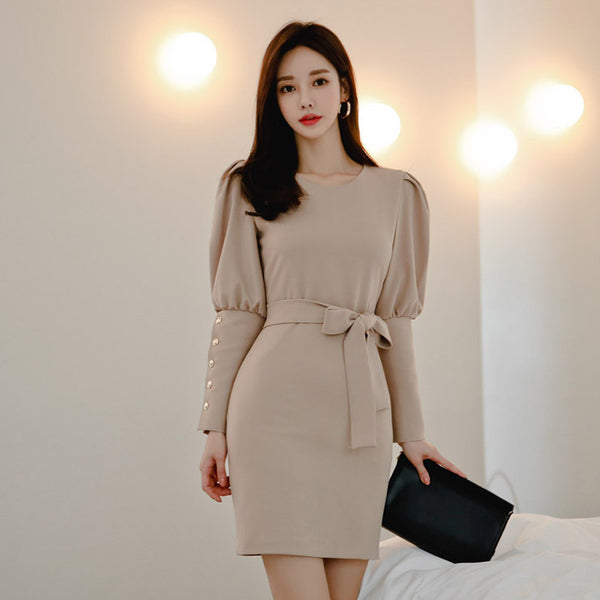 Lantern Sleeves Waist Slimming Tie Business Dress