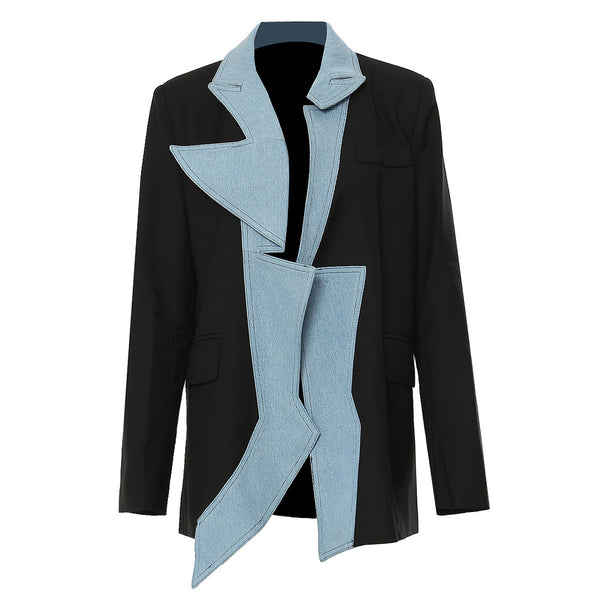 Autumn New Denim Stitching Asymmetric Suit Jacket