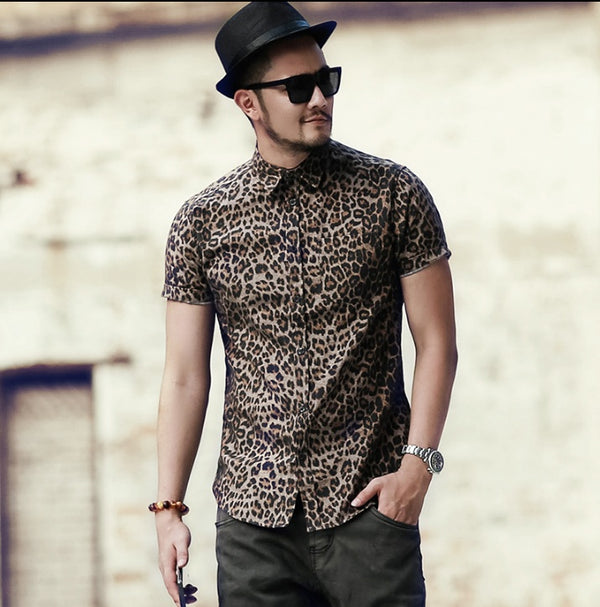 Leopard print men's casual shirt type men's slim short-sleeved shirt tide men's half sleeve flower shirt