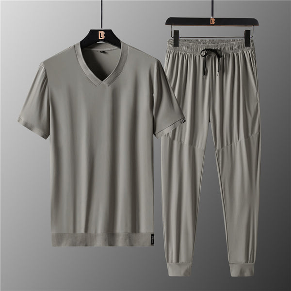 Summer Ice Silk V-neck Short-sleeved T-shirt Large Size Sports Suit Men