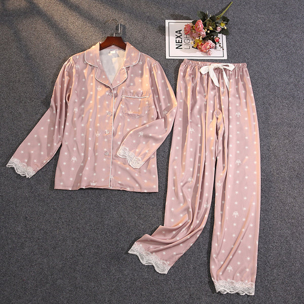 Silk lace simple printing long sleeve trousers home wear