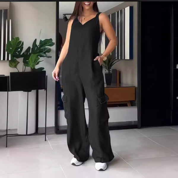 European And American Thin Jeans Wear Pocket V-neck Jumpsuit