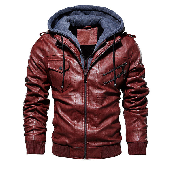 Men's Leather Jacket Men's PU Leather Hooded Leather Jacket