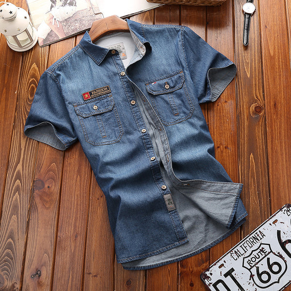 Loose Large Size Men's Denim Short Sleeve Shirt