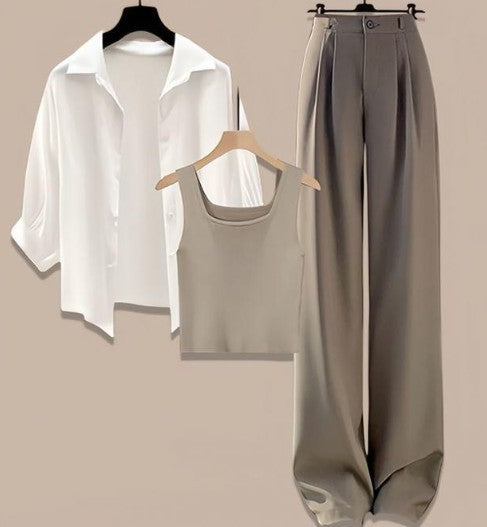 Women's Versatile Shirt Vest Slimming Wide Leg Pants Suit