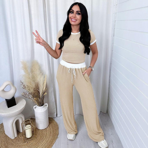 Round Neck Contrast Color Women's Fashion Casual Wide-leg Pants Sports Suit