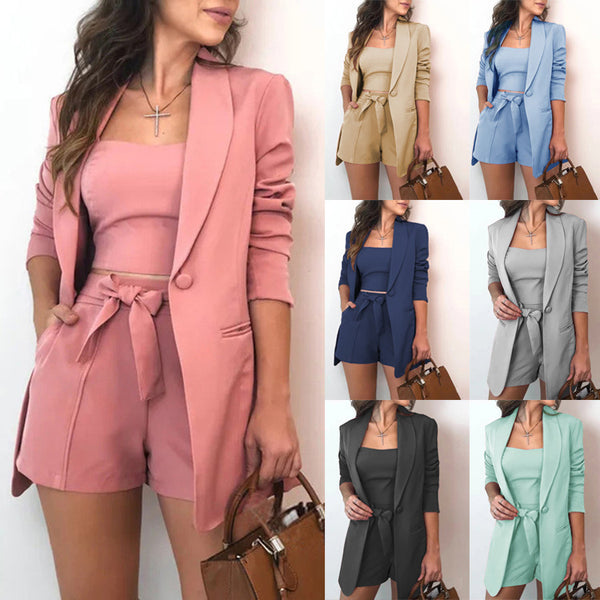 Solid Color Suit Jacket Fashion Temperament High Waist Shorts Three-piece Set