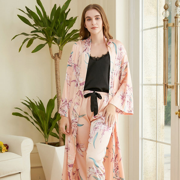 Women's Fashion Sling Print Pajamas Mid Length Belted Loungewear Three Piece Set