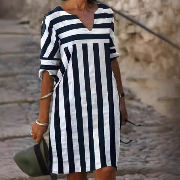 Striped Round Neck Loose Stitching Dress