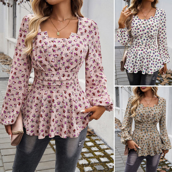 Women's Bubble Sleeve Mori Style Elegant Floral Print Long Sleeve Top