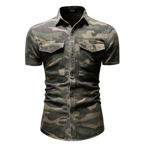 Korean Style Slim Pocket Short Sleeved Camouflage Shirt