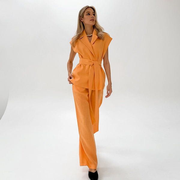 Orange Sleeveless Lace-up Shirt Two-piece Set For Women