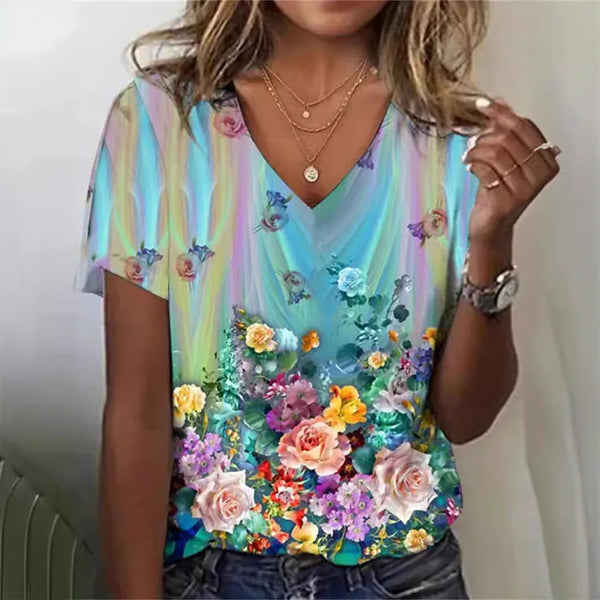 Women's Cotton Short-sleeved T-shirt V-neck Floral Print