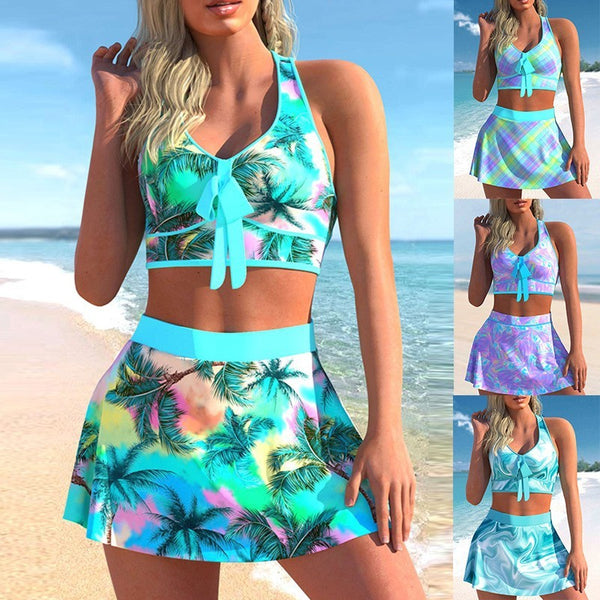 Two-piece Swimsuit Dress Conservative Oversized Print Set