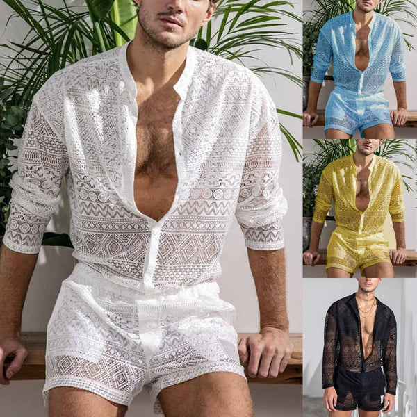 Men's Fashion Hollow Lace Long Sleeve Casual Shorts Two Piece Set