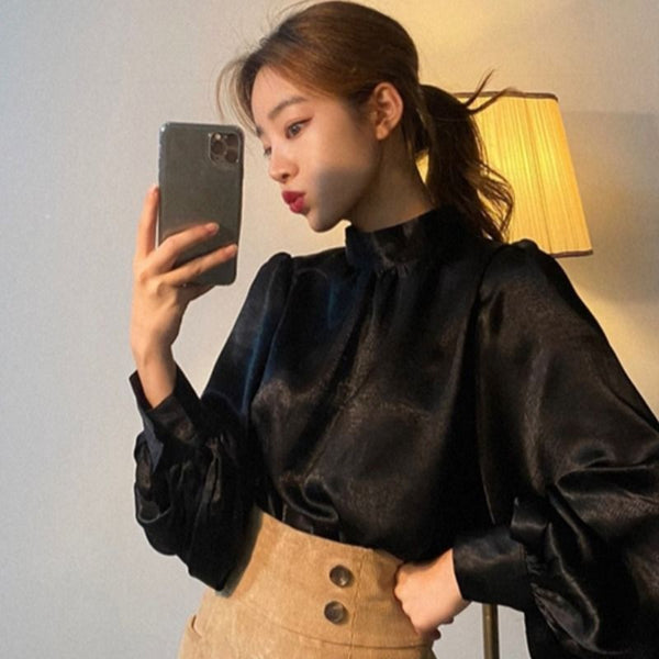 Early Autumn French Fashion Stand Collar Personalized All-match Lantern Sleeve High-grade Satin Shirt