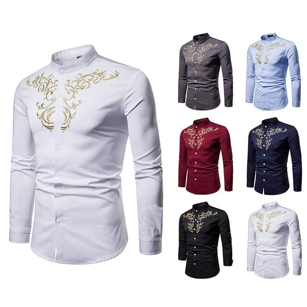 Men's Embroidered Henry Collar Ironing Free Long Sleeves Shirt