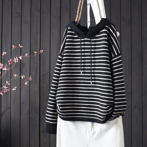 Spring Fashion Long Sleeve Striped Hooded Knitted Sweater