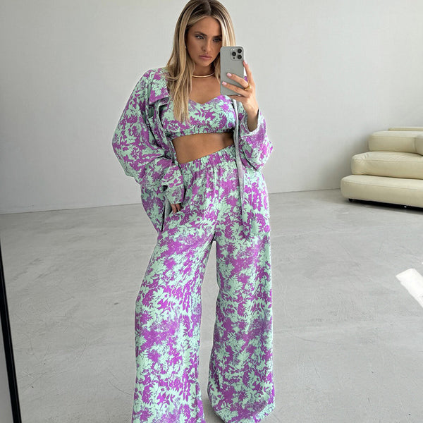 Printed Long-sleeved Underwear And Trousers Three-piece Set