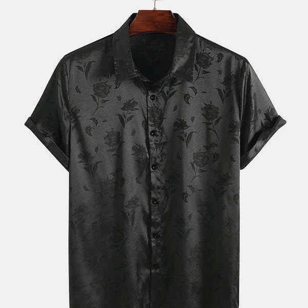 Men's Shirt Satin Print Solid Color Polo Collar