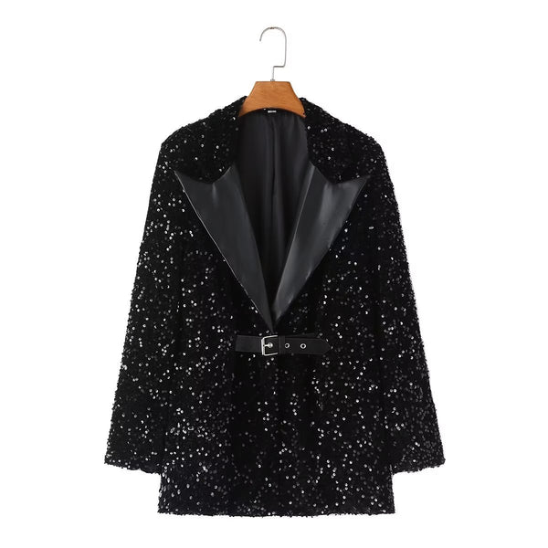 European And American Stitching Neckline Women's Casual Sequin Suit Women's Jacket